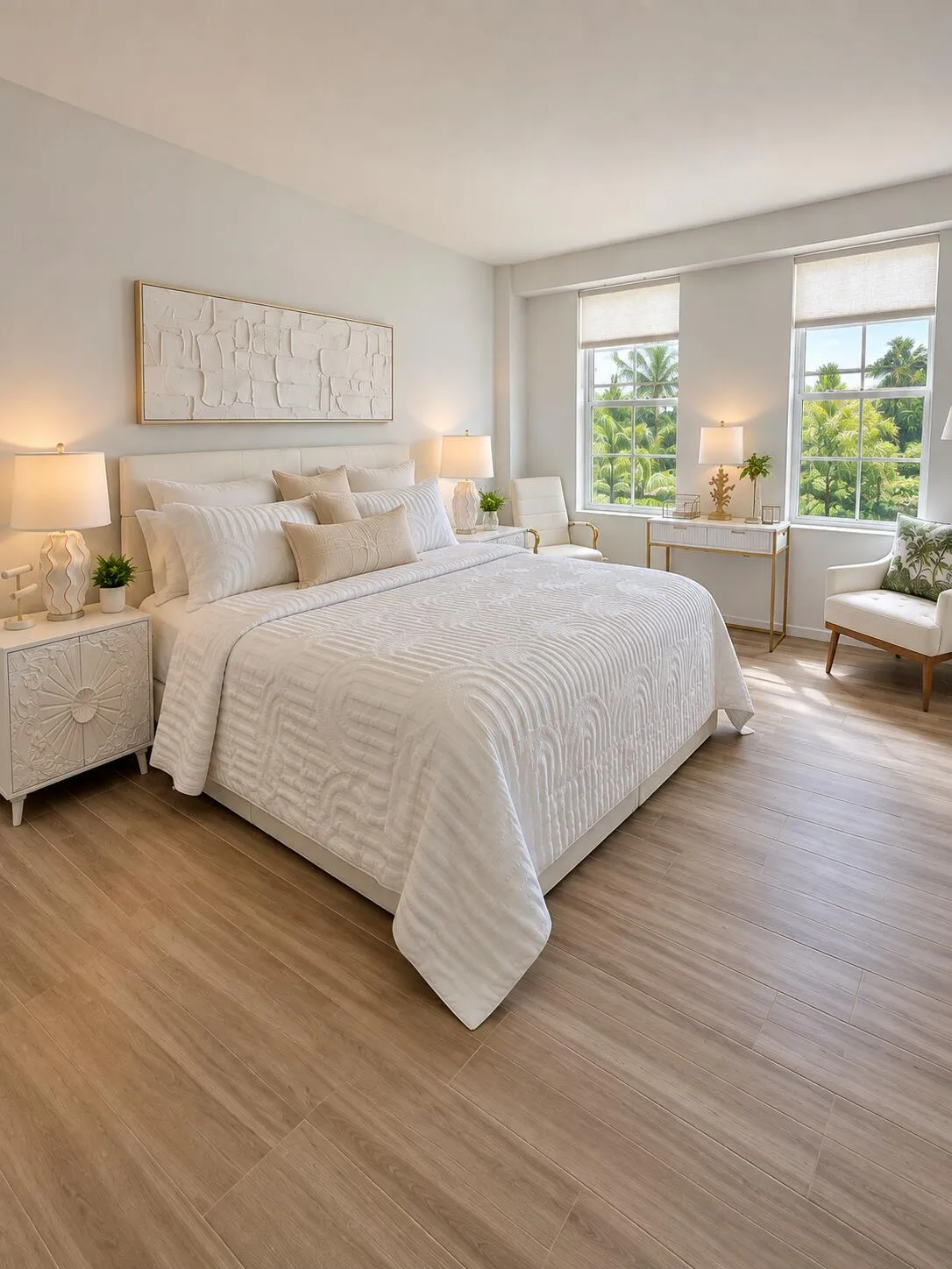 Dual pane windows, wood-finish tile flooring, and light-toned walls