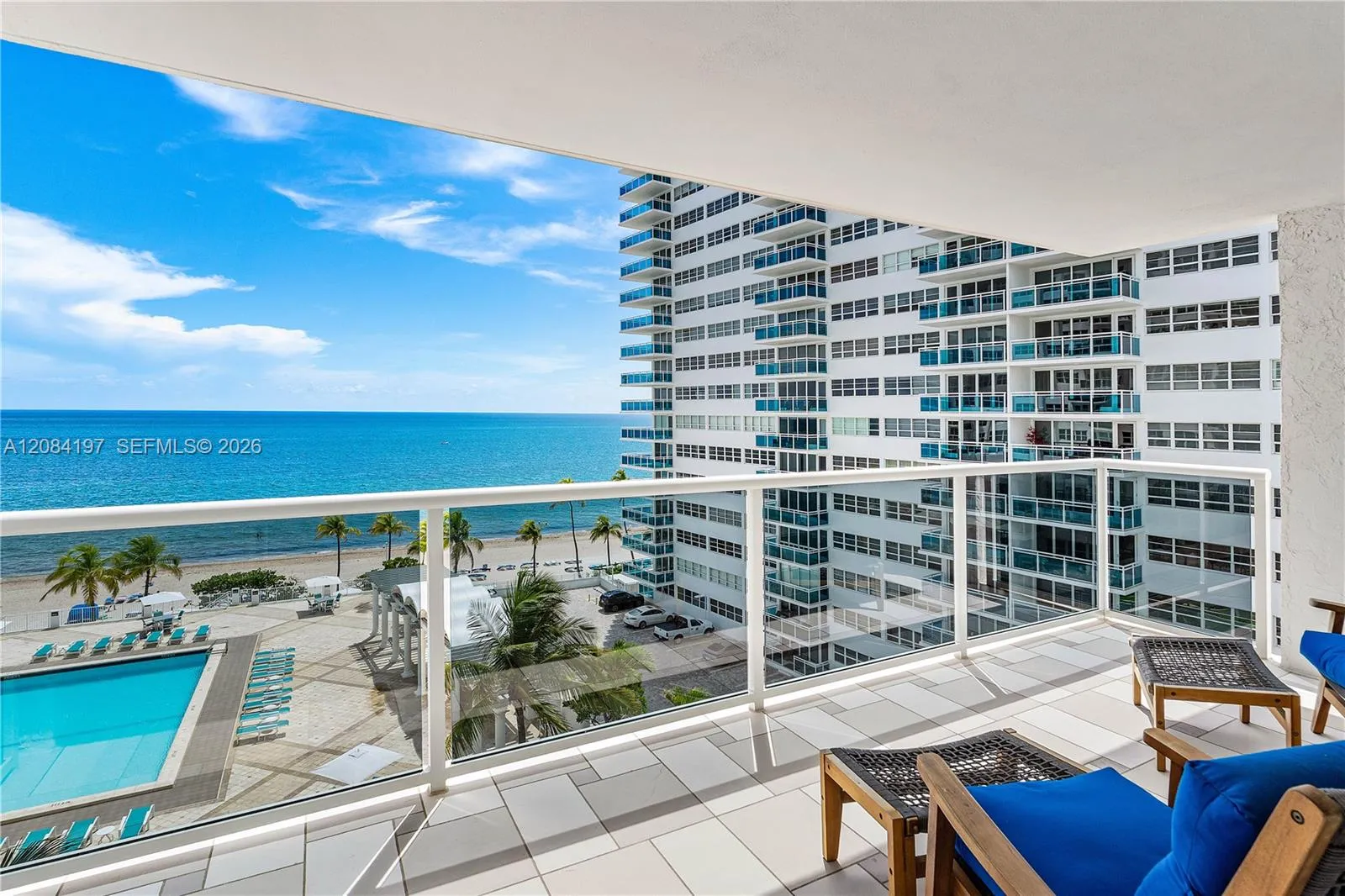 Views from Living Room, Dining Room, Kitchen and Balcony Wide and Long Balcony view facing Pool and Ocean