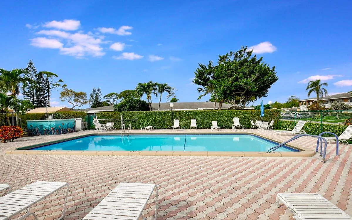 Outdoor swimming pool with integrated entry steps, surrounded by a paver patio, lush perimeter hedges, and mature palm trees