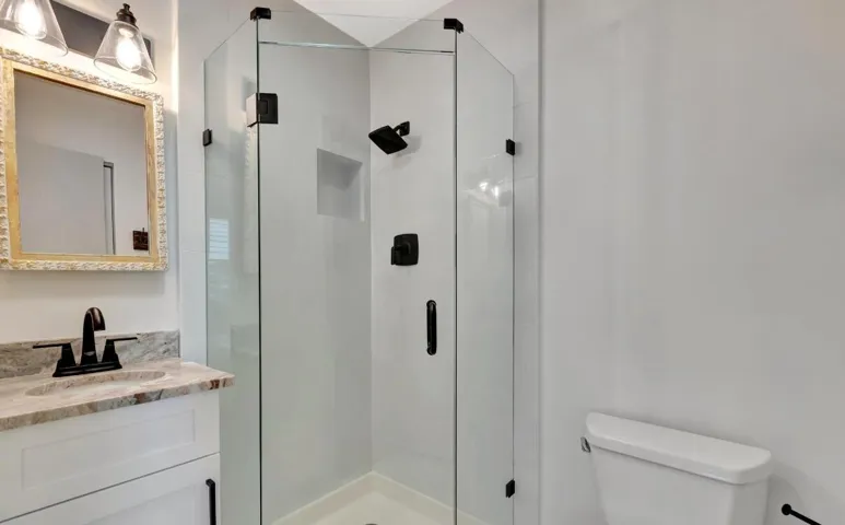 Glass-enclosed shower with matte black fixtures and built-in niche