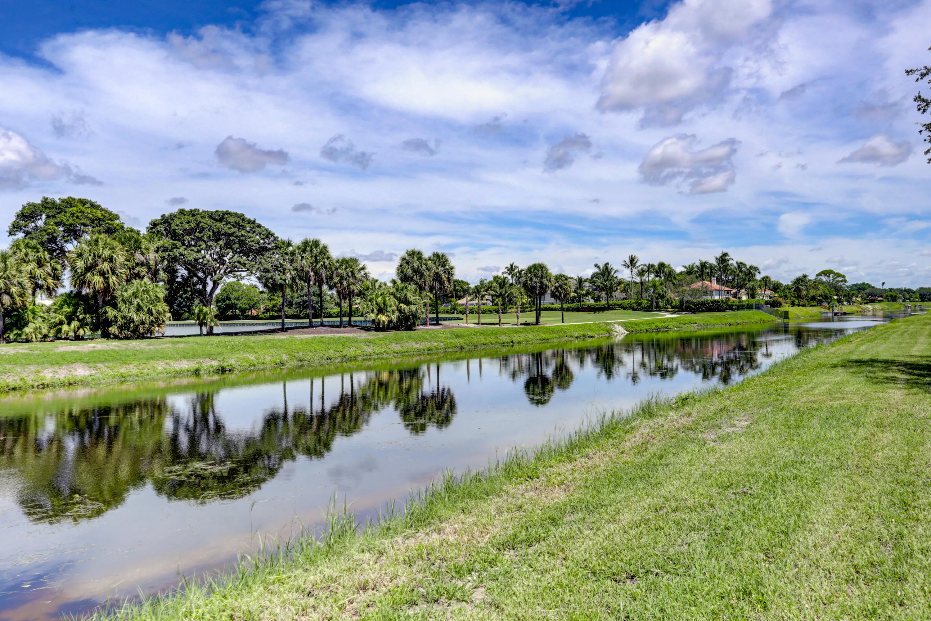Waterfront property featuring a canal, lush green lawn, mature palm trees, and distant residential structures