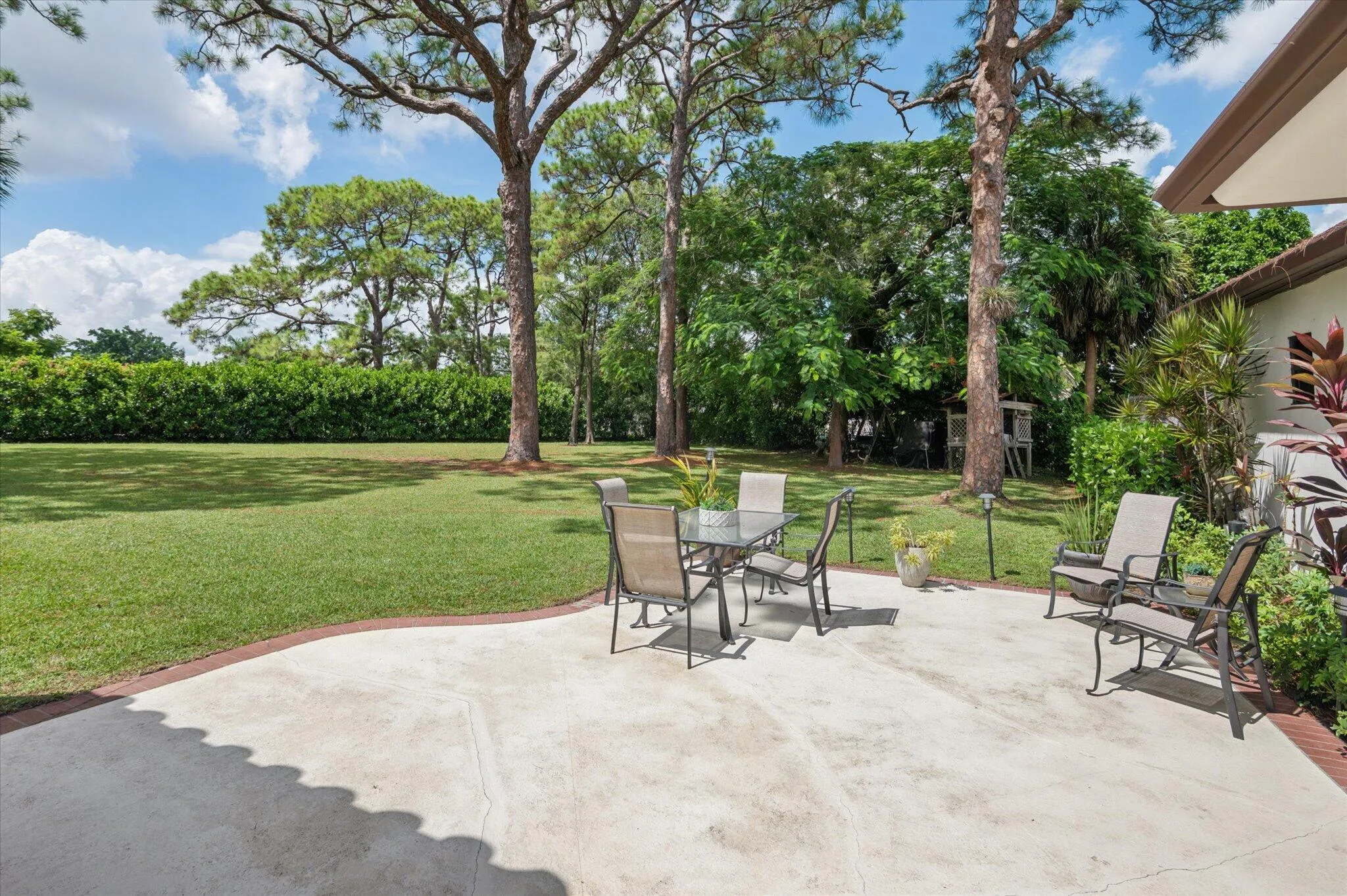 Patio with view to large, private yard