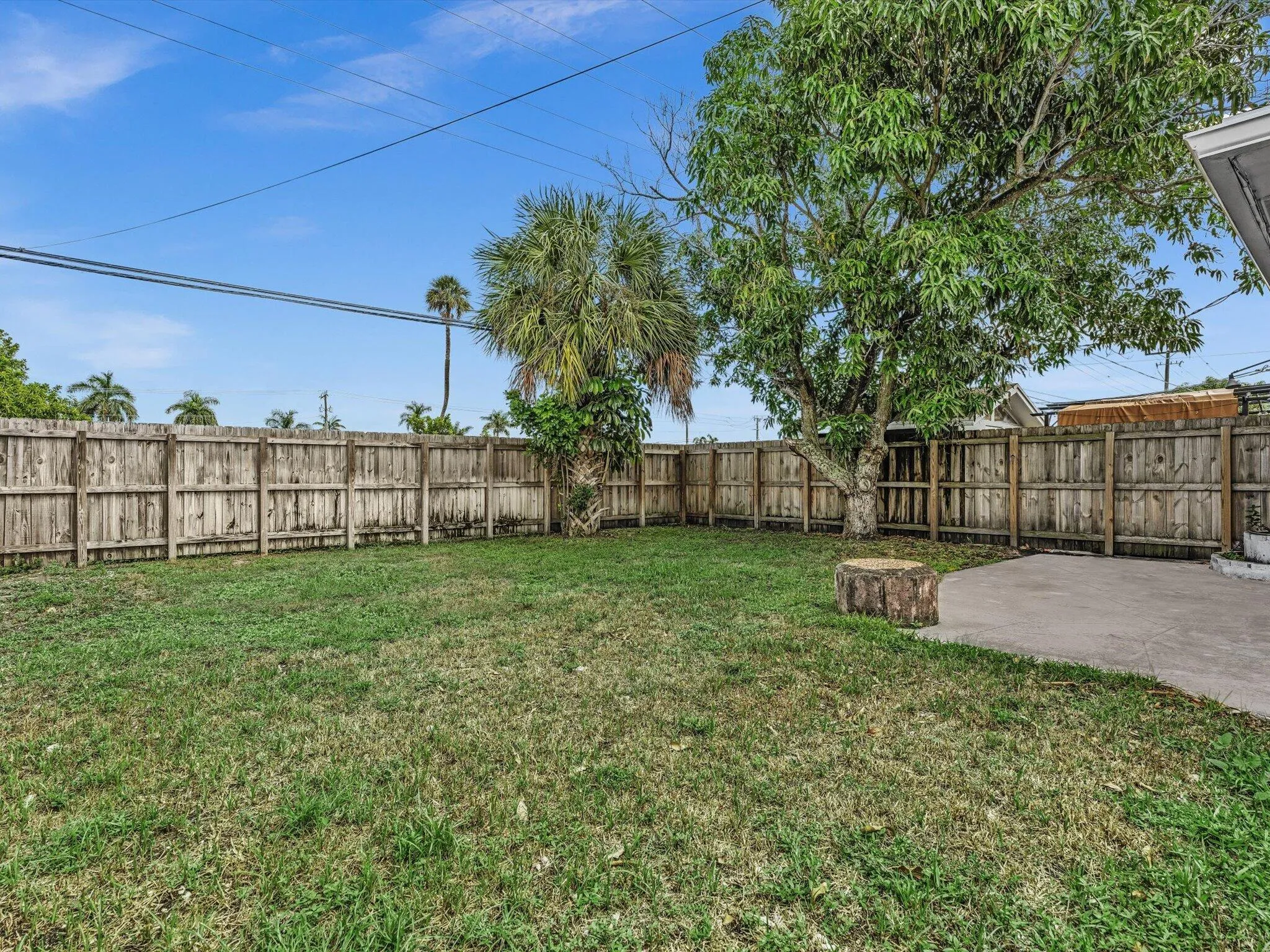 Private expansive fenced backyard featuring a concrete patio, wood fence, mature trees, and a grass lawn