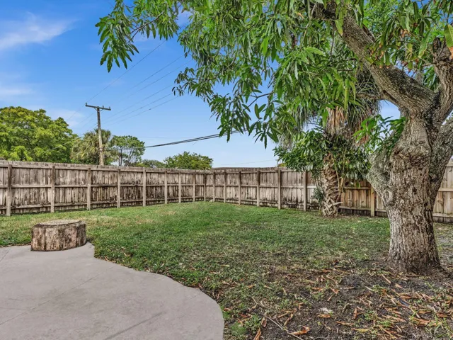 Private expansive fenced backyard featuring a concrete patio, wood fence, mature trees, and a grass lawn