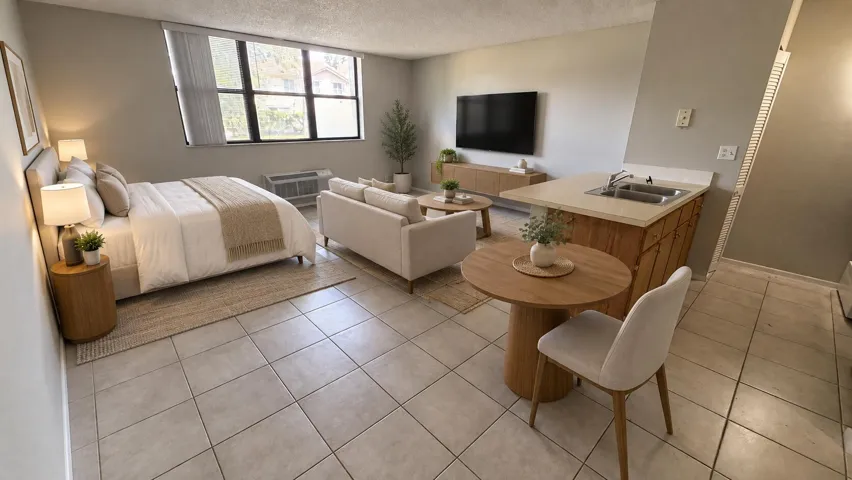 Tile flooring, large windows, wood-finish cabinetry, countertop with integrated double basin sink, and an wall-mounted air conditioning unit