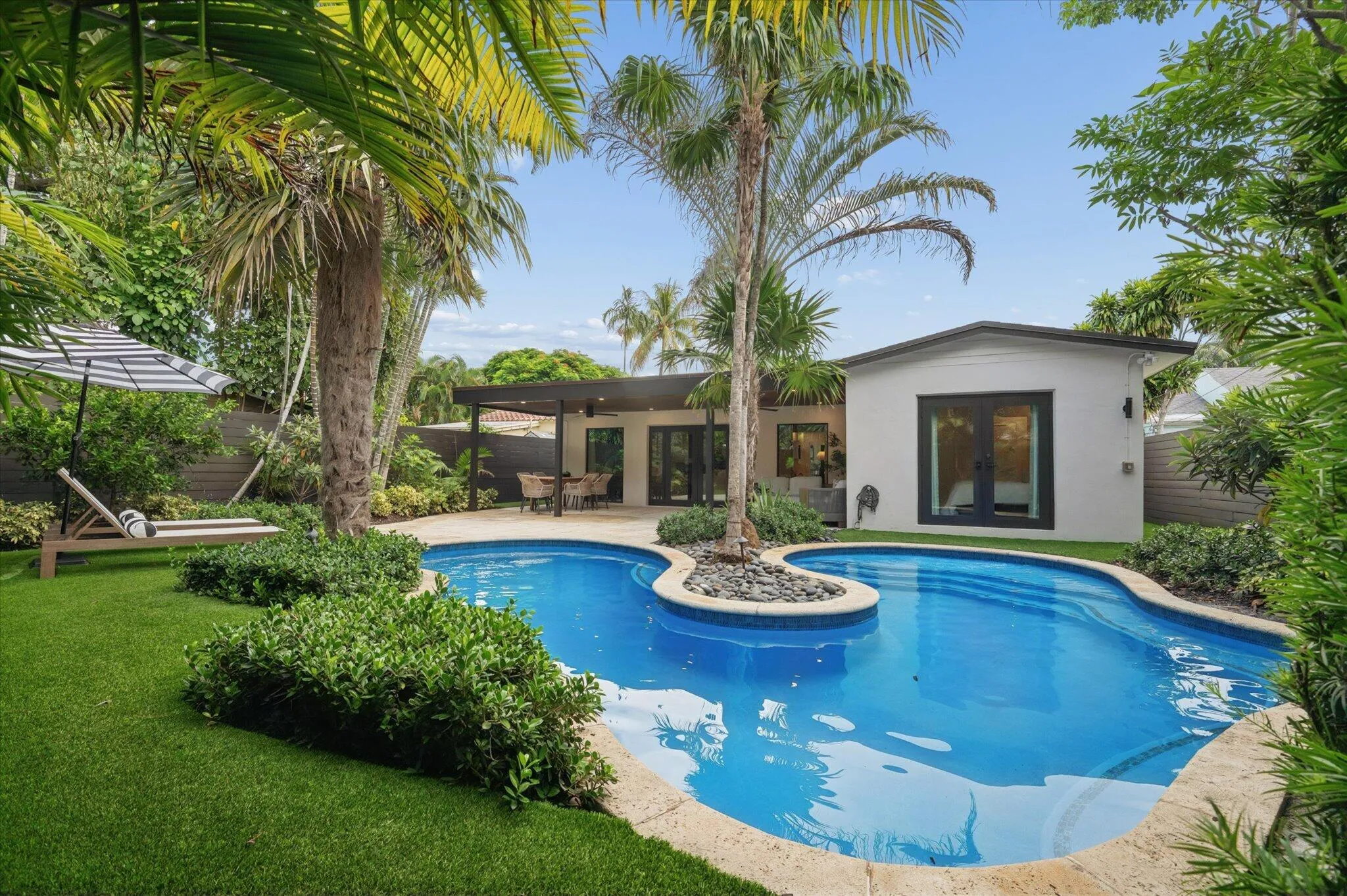 Backyard oasis with heated pool and shaded patio