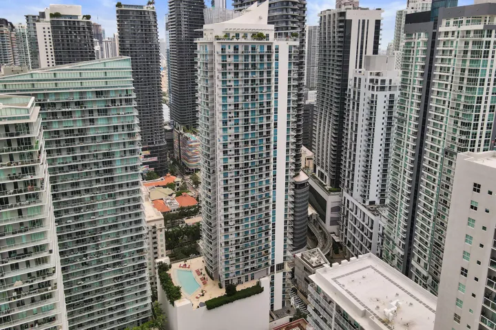 Urban high-rise setting with multiple residential towers