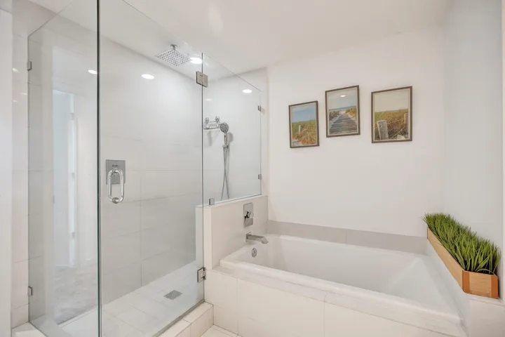 Glass-enclosed shower with a rainfall showerhead, and a built-in soaking tub featuring polished chrome fixtures