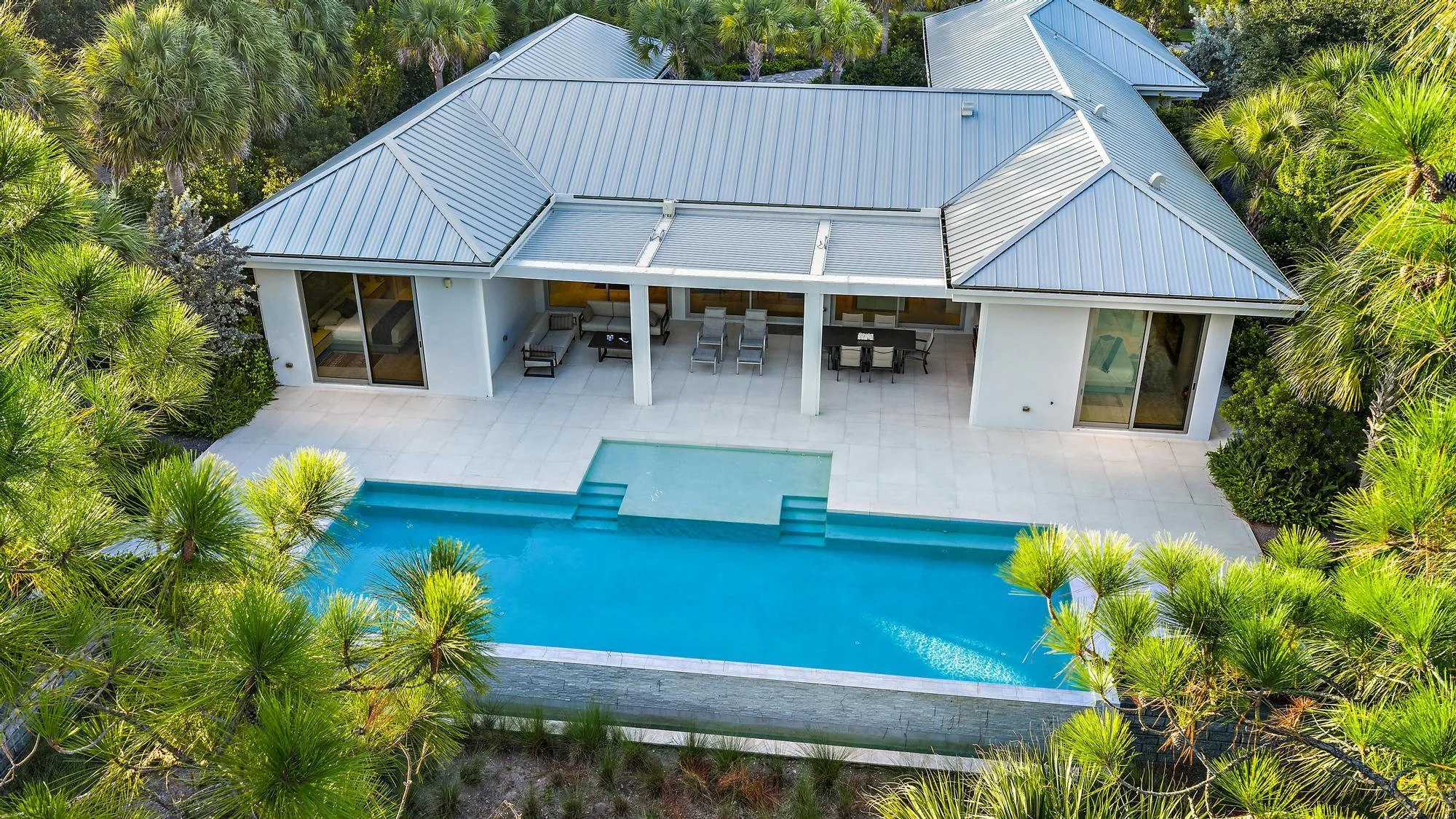 Modern architecture featuring a metal roof, expansive patio, and integrated swimming pool with a step entry