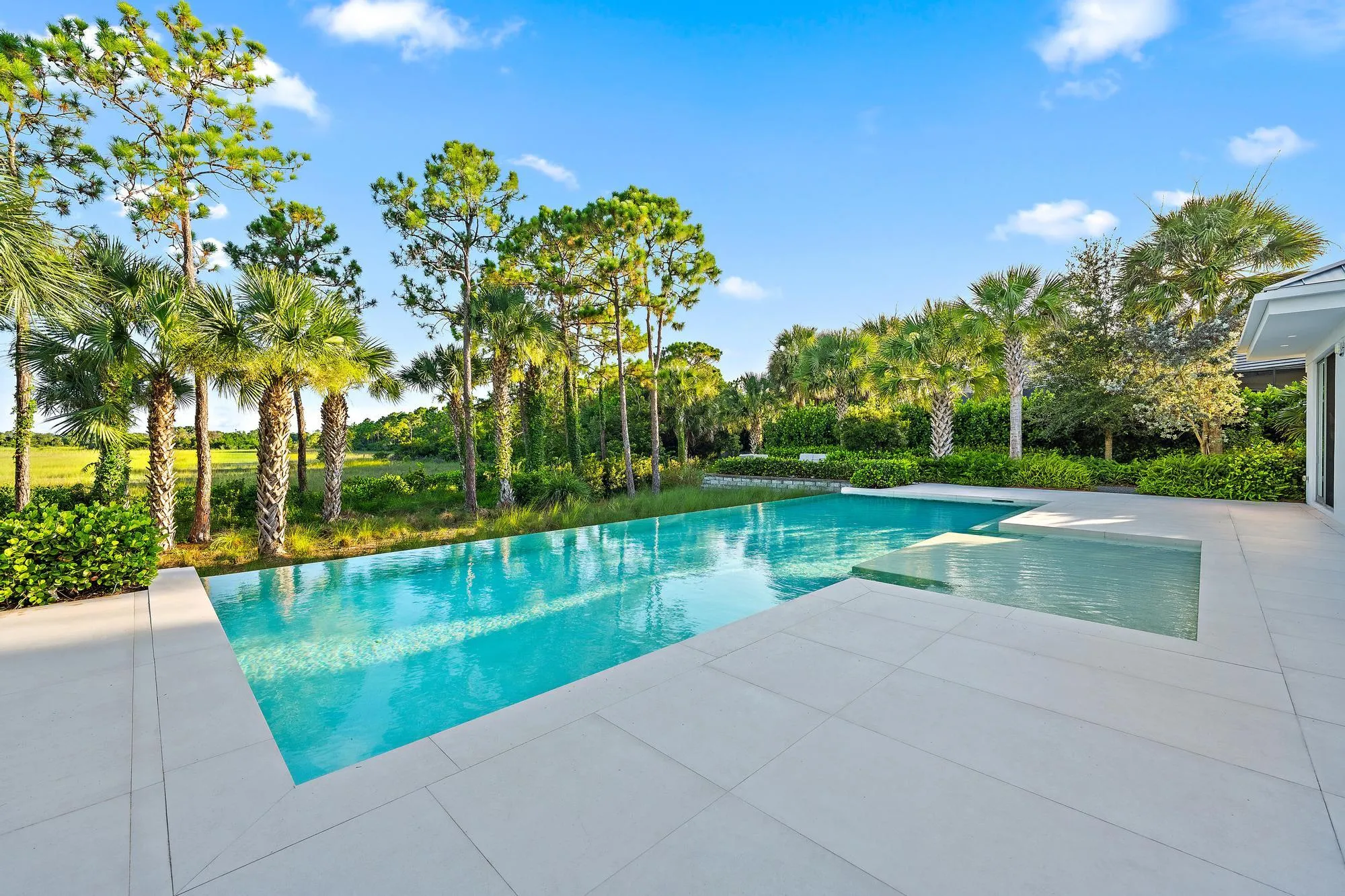 Resort-style saltwater swimming pool with sun shelf and integrated spa features, surrounded by expansive light-colored pavers