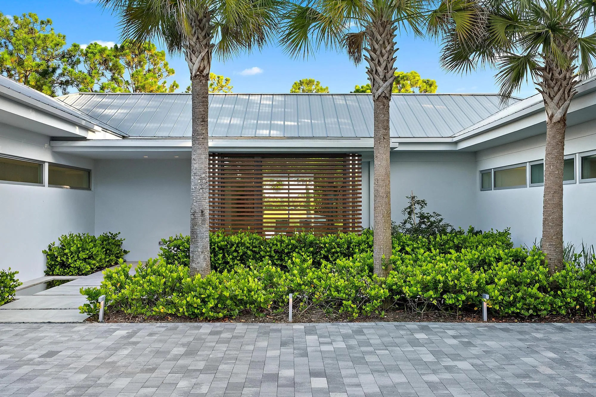 Modern residence featuring a clean-lined white exterior with standing-seam metal roofing, framed by three mature palm trees