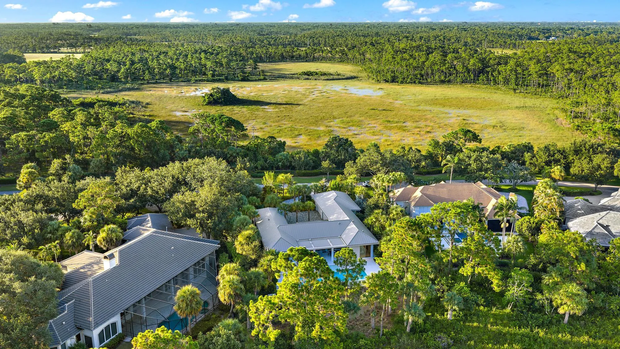 Aerial view of this expansive residential compound featuring a modern primary residence with geometric architecture, resort-style saltwater swimming pool, and mature tree-lined landscaping