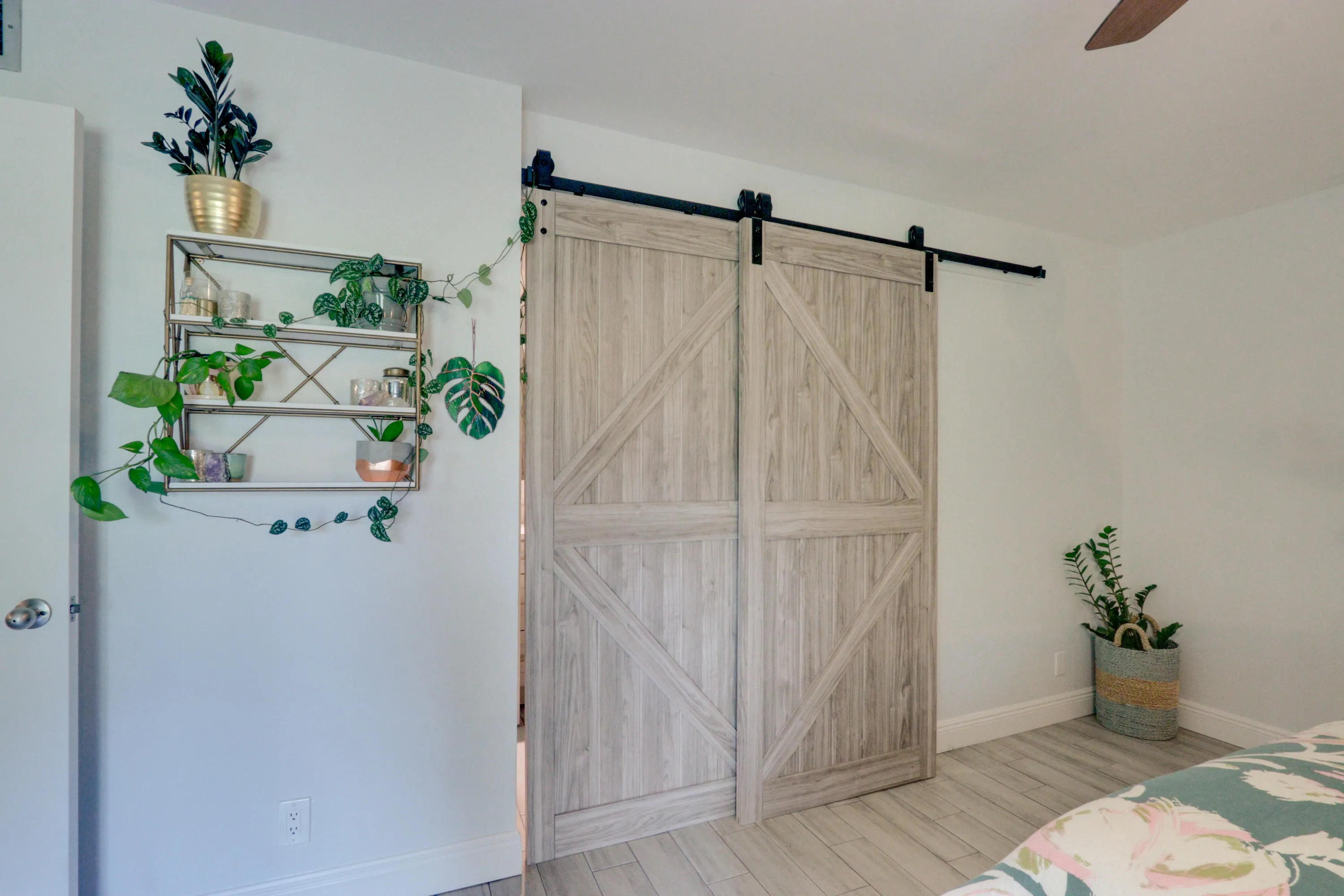 Barn door system with wood-finish doors