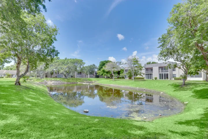Scenic community lake surrounded by lush green space, mature trees, and peaceful water views.