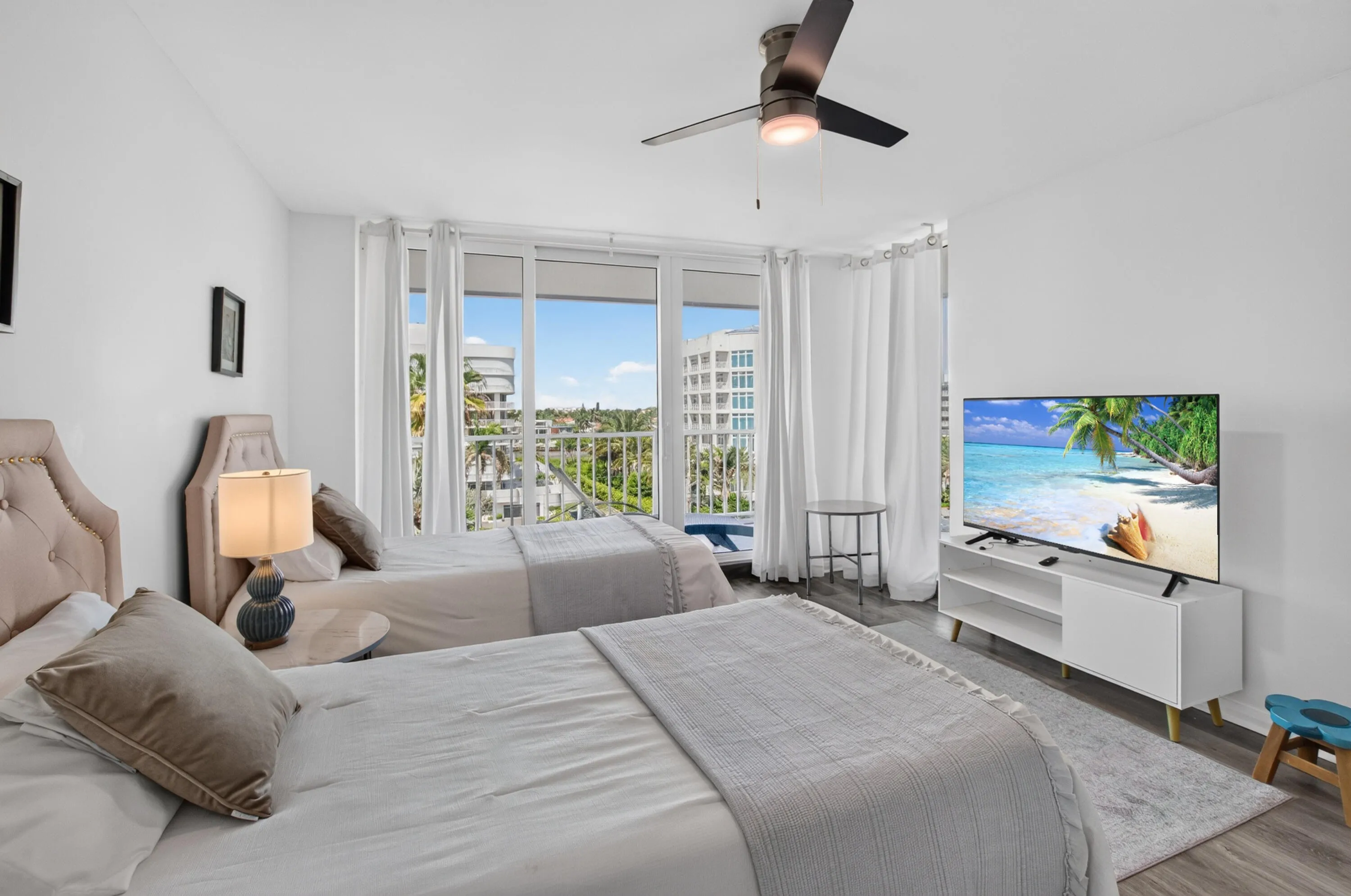 Recessed lighting and ceiling fan overhead