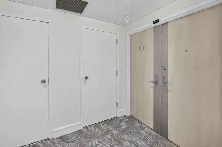 Entryway featuring a patterned floor, two white interior doors, and a double-panel entrance door with metal hardware