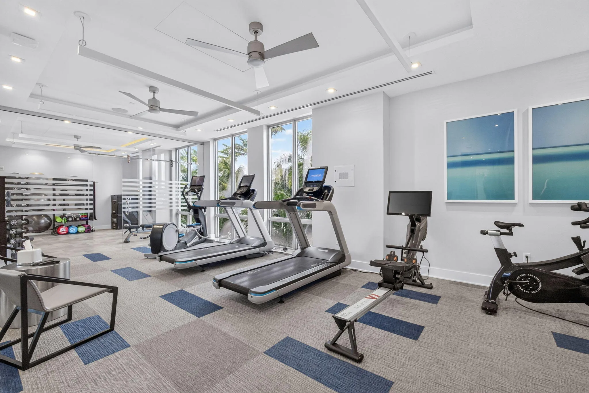 Fitness center featuring large Sunny windows, patterned carpet, recessed lighting, and ceiling fans