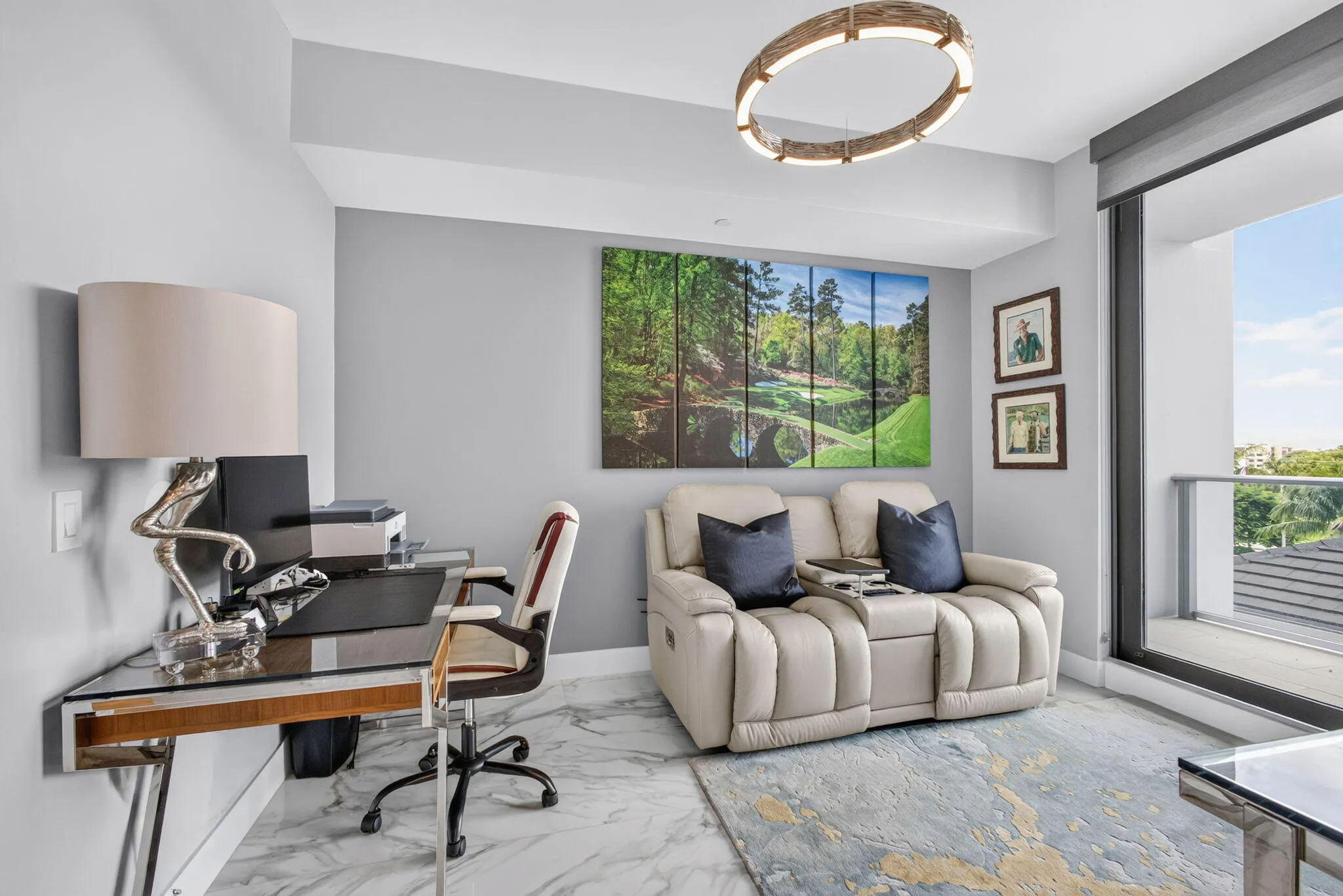 Floor-to-ceiling glass doors, enjoy fabulous sunsets from balcony! recessed lighting, and marble-finish flooring, enjoy cross breezes with all the doors open!
