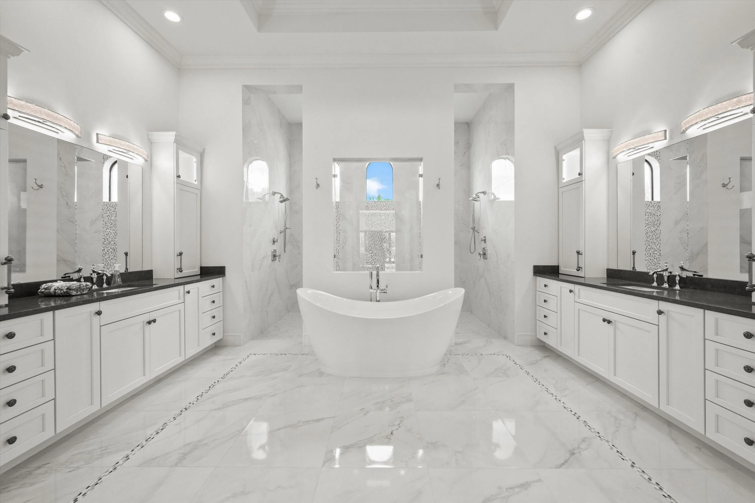 Expansive modern primary bathroom