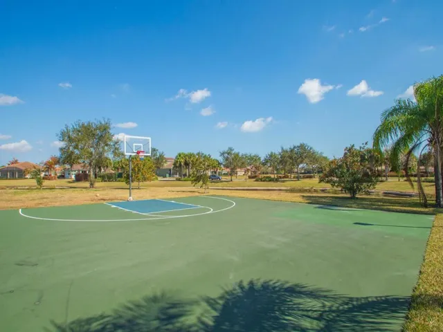 Multi-court facility featuring blue and green hard courts, white court lines, and black chain-link fencing