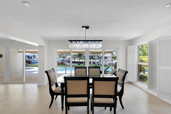 Dining room offers sliders & pool and water views