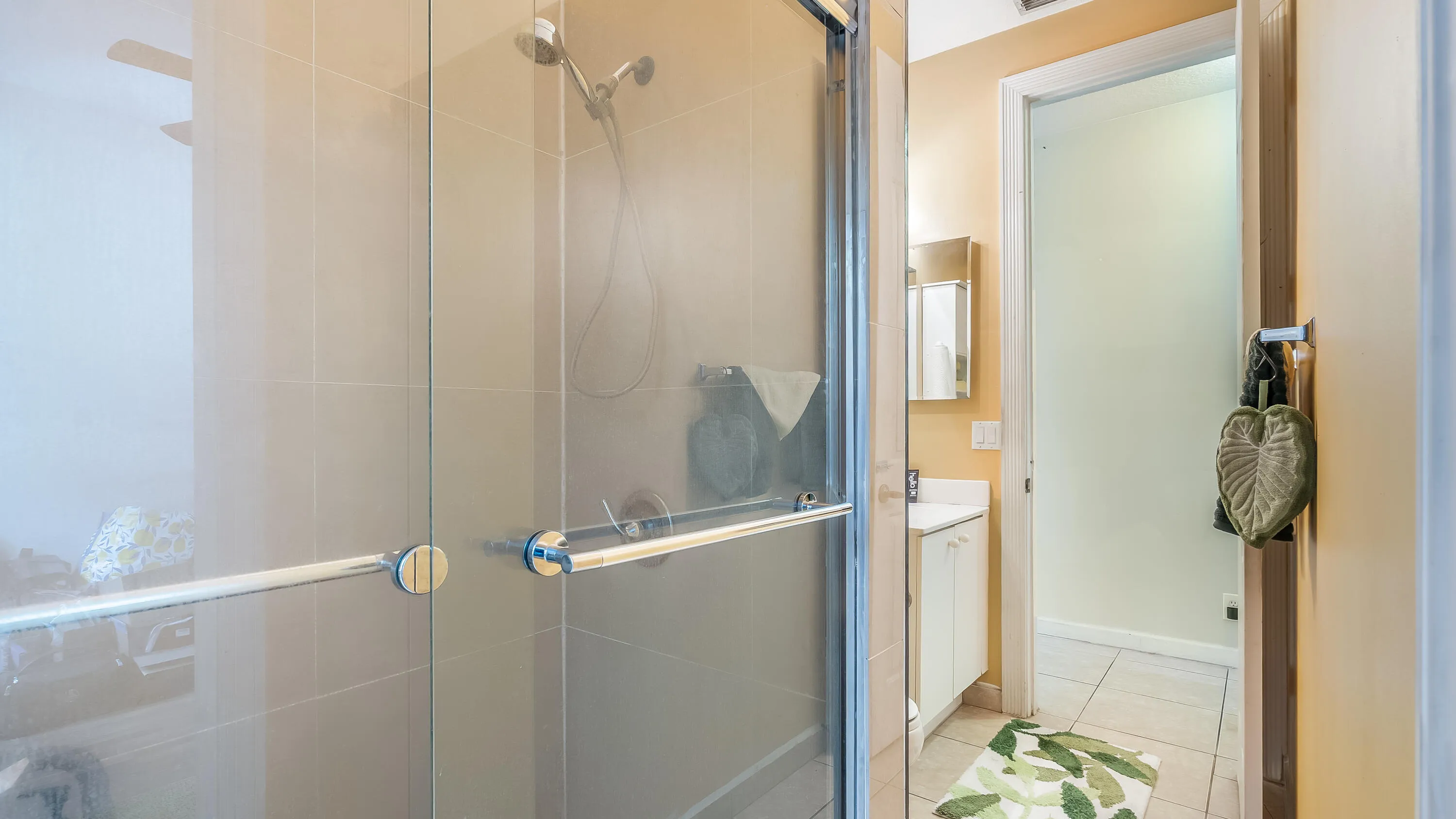 Glass-enclosed shower with a handheld showerhead, complemented by a vanity with a rectangular basin and wall-mounted mirrored medicine cabinet