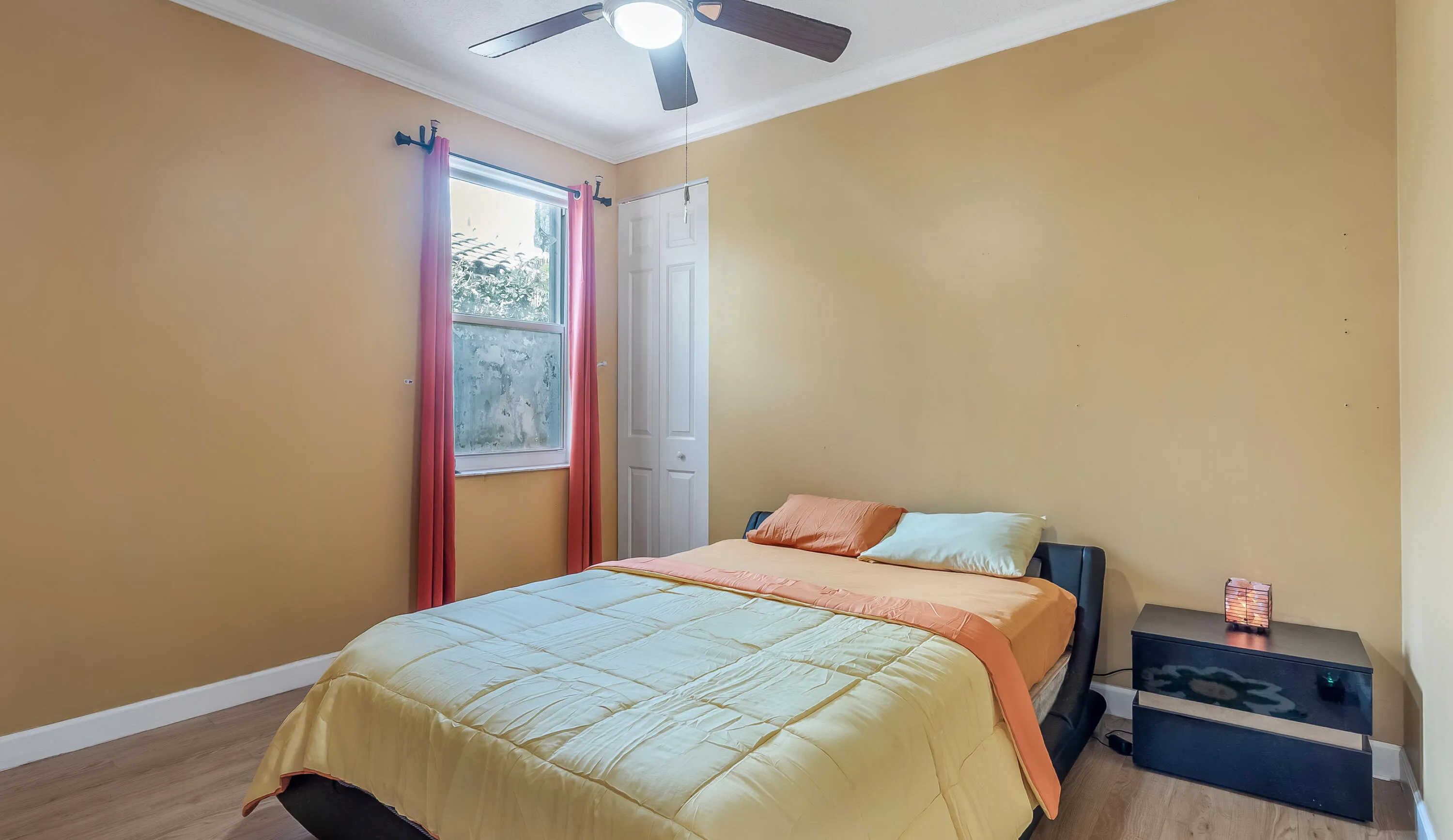 Wood-finish flooring with white trim
