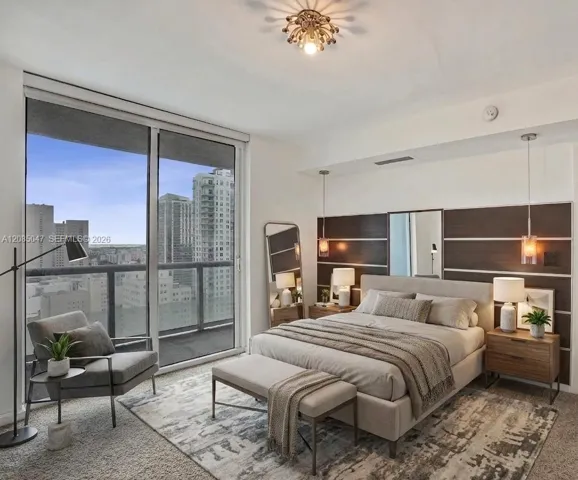 Floor-to-ceiling glass sliding doors, private balcony with glass railing, wood-finish wall panels, recessed ceiling lighting, and a modern ceiling fixture virtually staged