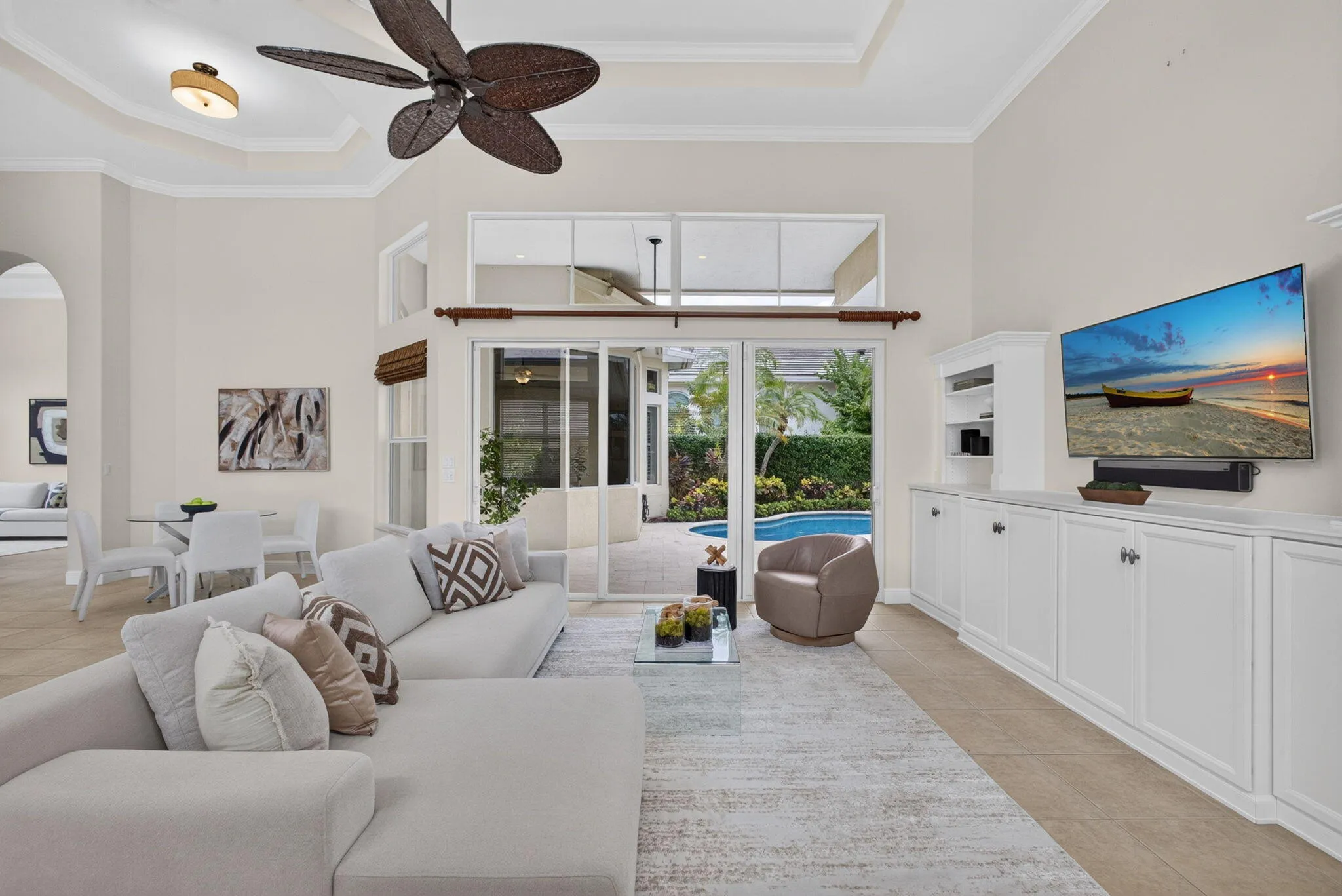 Large sliding doors in family room allow for lots of natural light