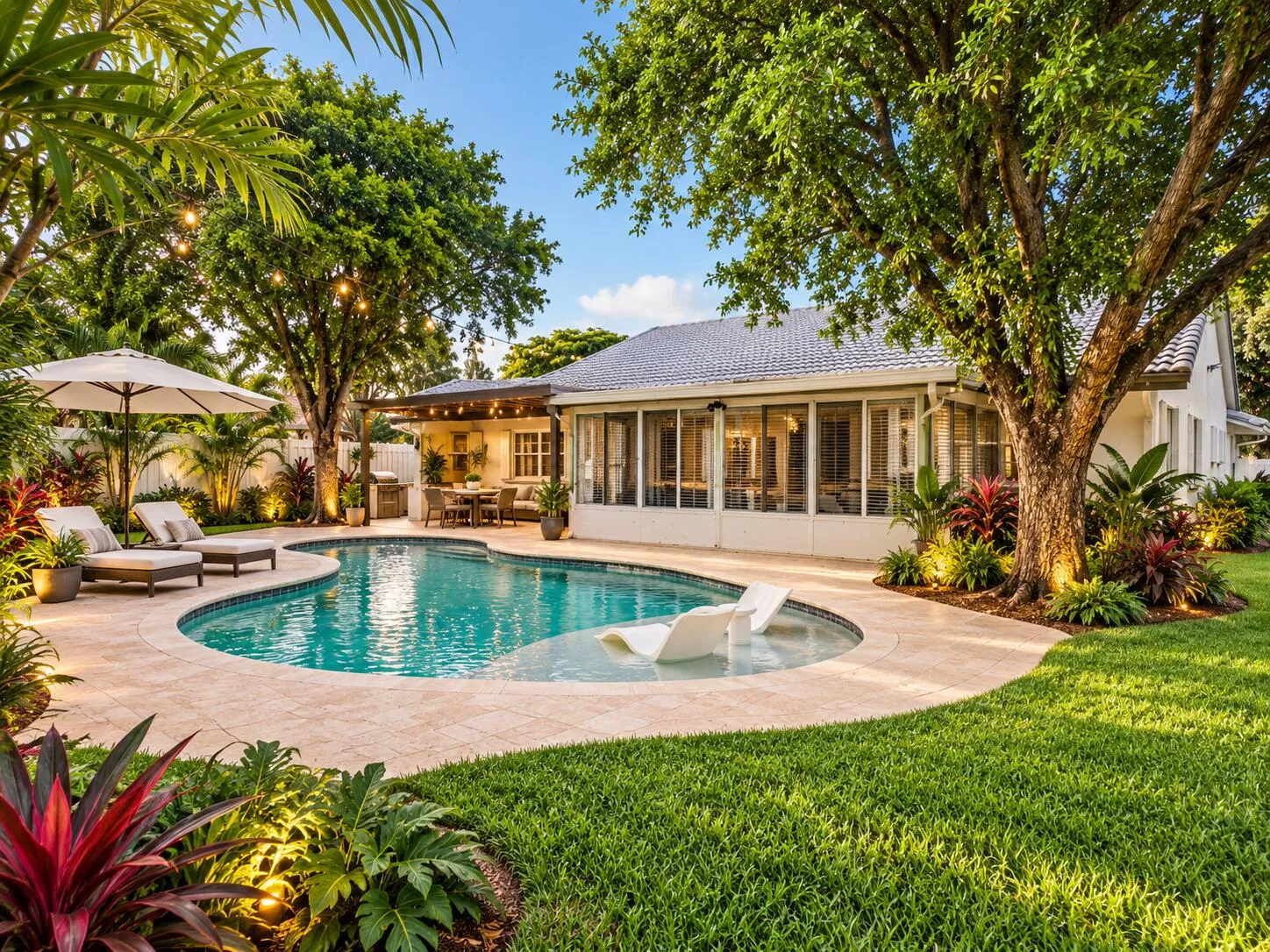 AI-staged rendering illustrating potential for a future pool and outdoor oasis.