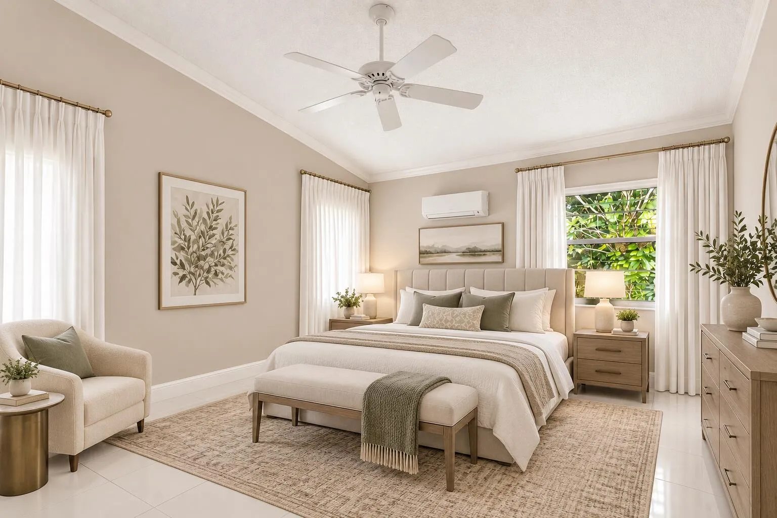 AI-staged rendering showcasing the primary bedroom's design potential.
