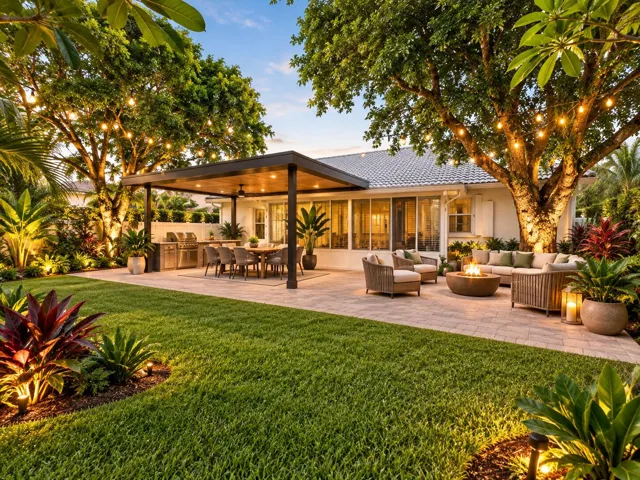 AI-staged rendering showcasing the backyard's outdoor living potential.