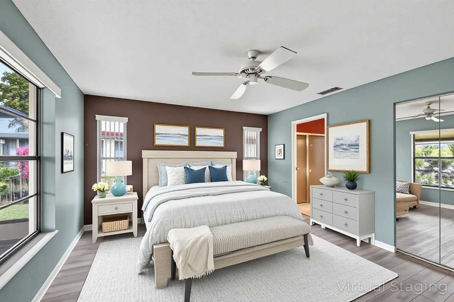 Bright with multiple windows (virtually staged)