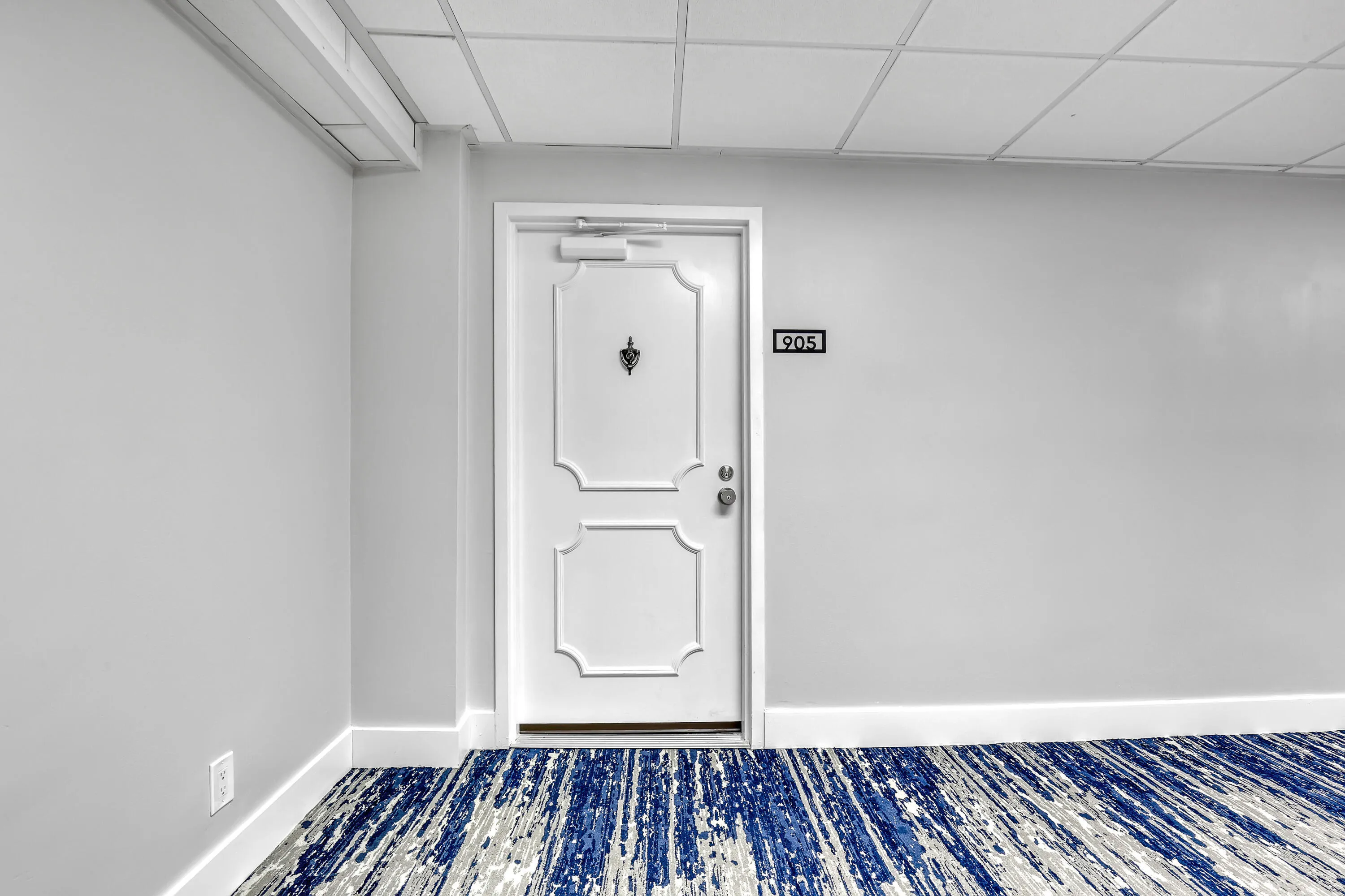 White paneled entry door with door knocker
