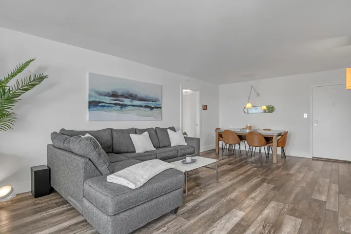 Open-concept living space with wood-finish flooring