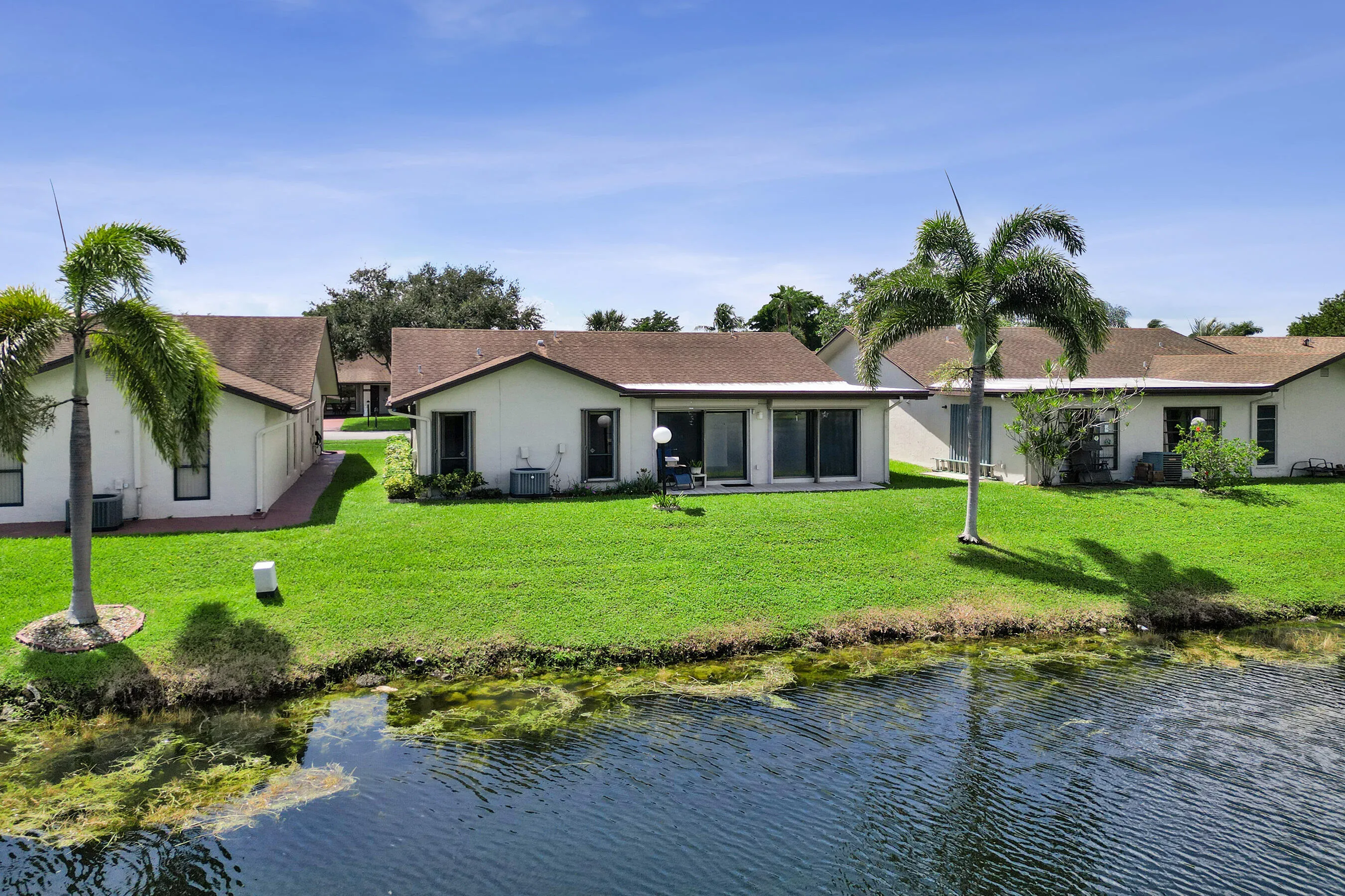 Expansive green lawn with mature palm trees, featuring a waterside patio and sliding glass doors