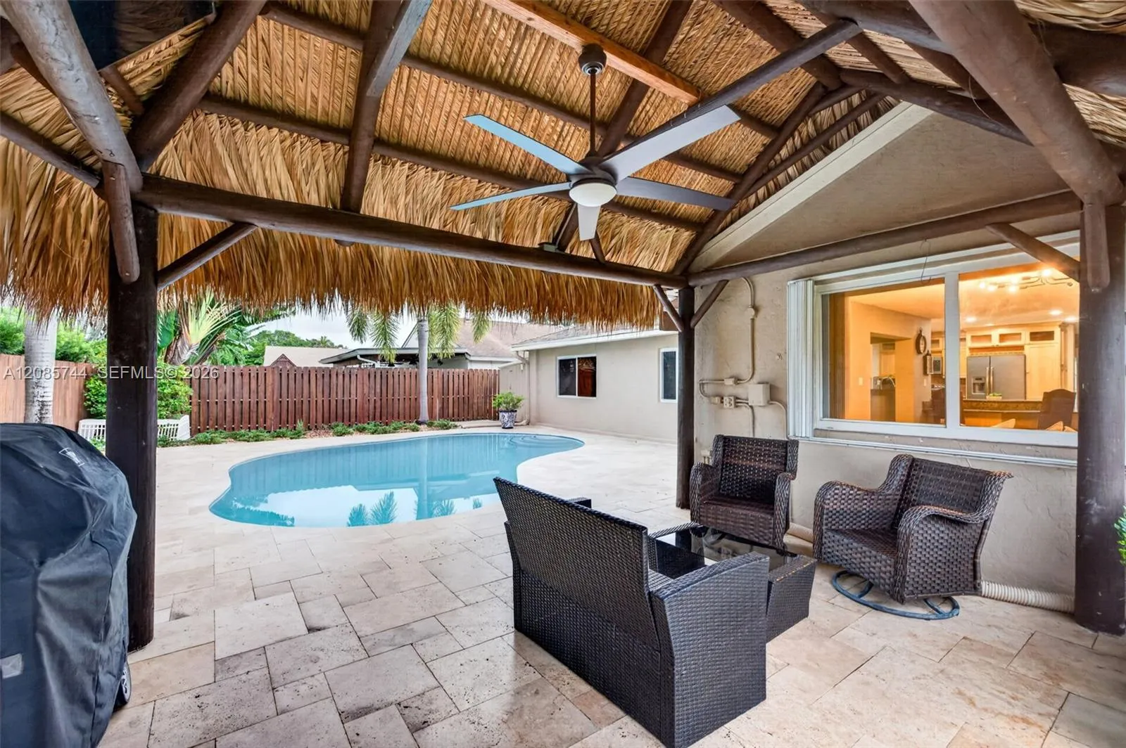 Gorgeous recently resurfaced pool w/ travertine decking, fully fenced, w/ amazing tiki hut, recently rethatched and new sprinkler pump Gorgeous recently resurfaced pool w/ travertine decking, fully fenced, w/ amazing tiki hut, recently rethatched and new sprinkler pump