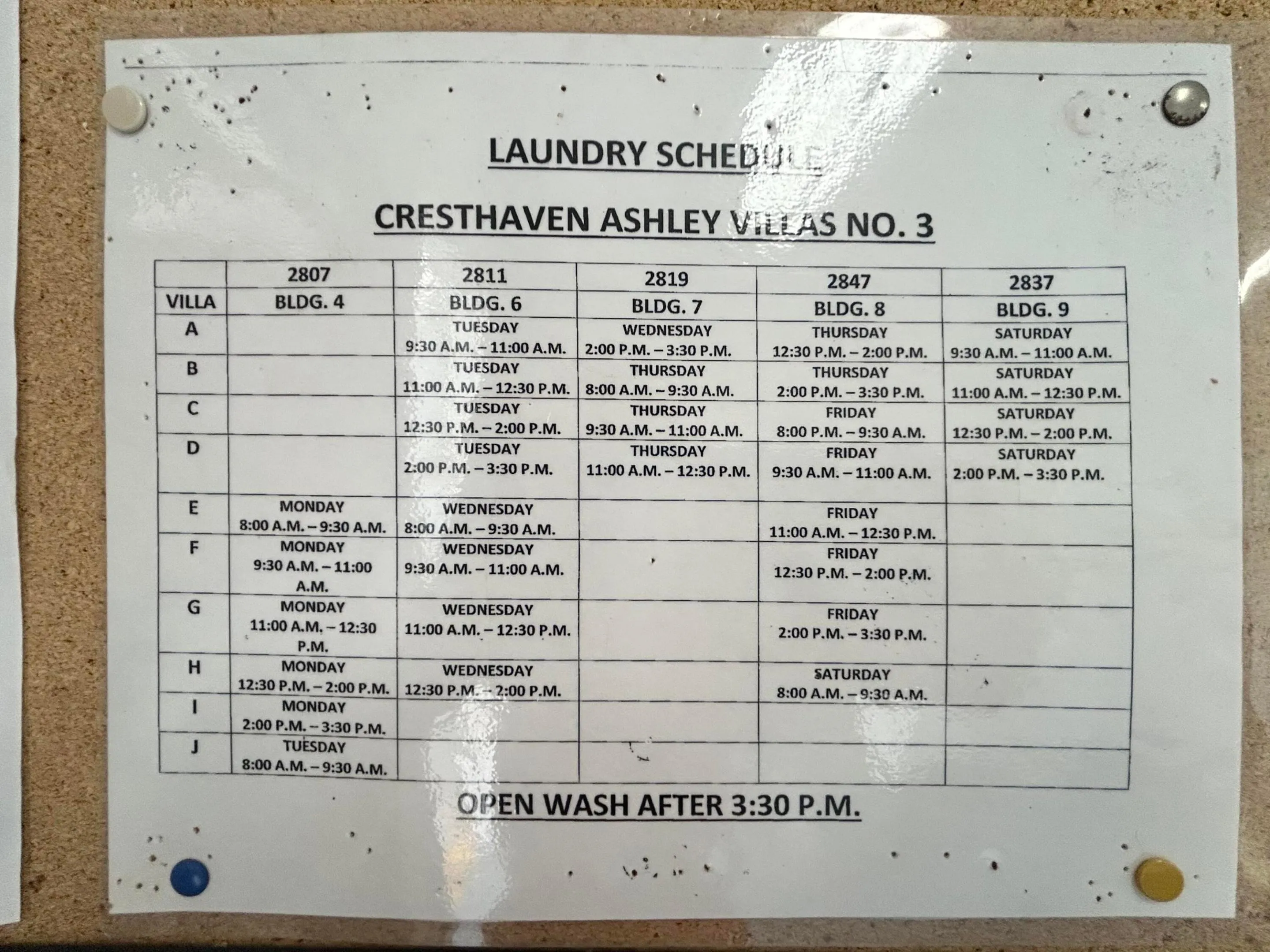 LAUNDRY SCHEDULE