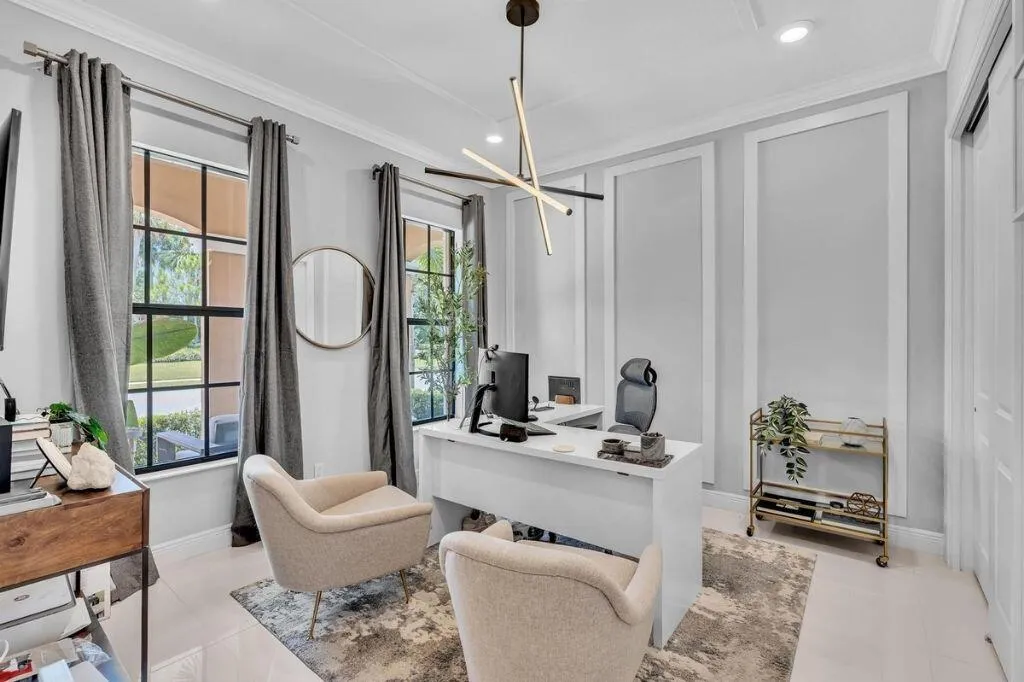 Room featuring multiple large windows, recessed lighting, and crown molding