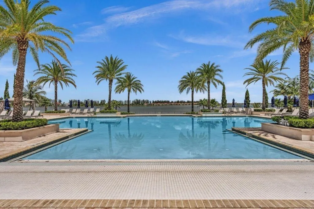 Expansive outdoor pool area featuring a large swimming pool with integrated spa, surrounded by mature palm trees and lush landscaping