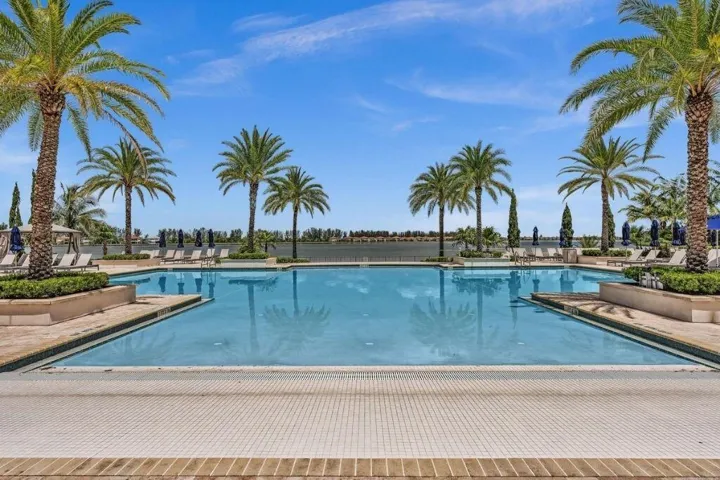 Expansive outdoor pool area featuring a large swimming pool with integrated spa, surrounded by mature palm trees and lush landscaping