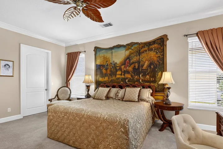 Crown molding, ceiling fan, carpet flooring, and two windows with blinds