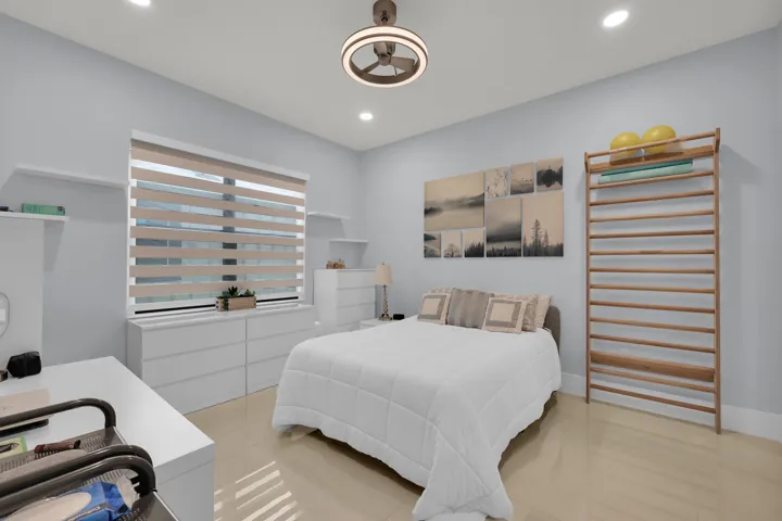 Recessed lighting, wood-finish flooring, neutral wall tones, and ceiling fan with integrated lighting