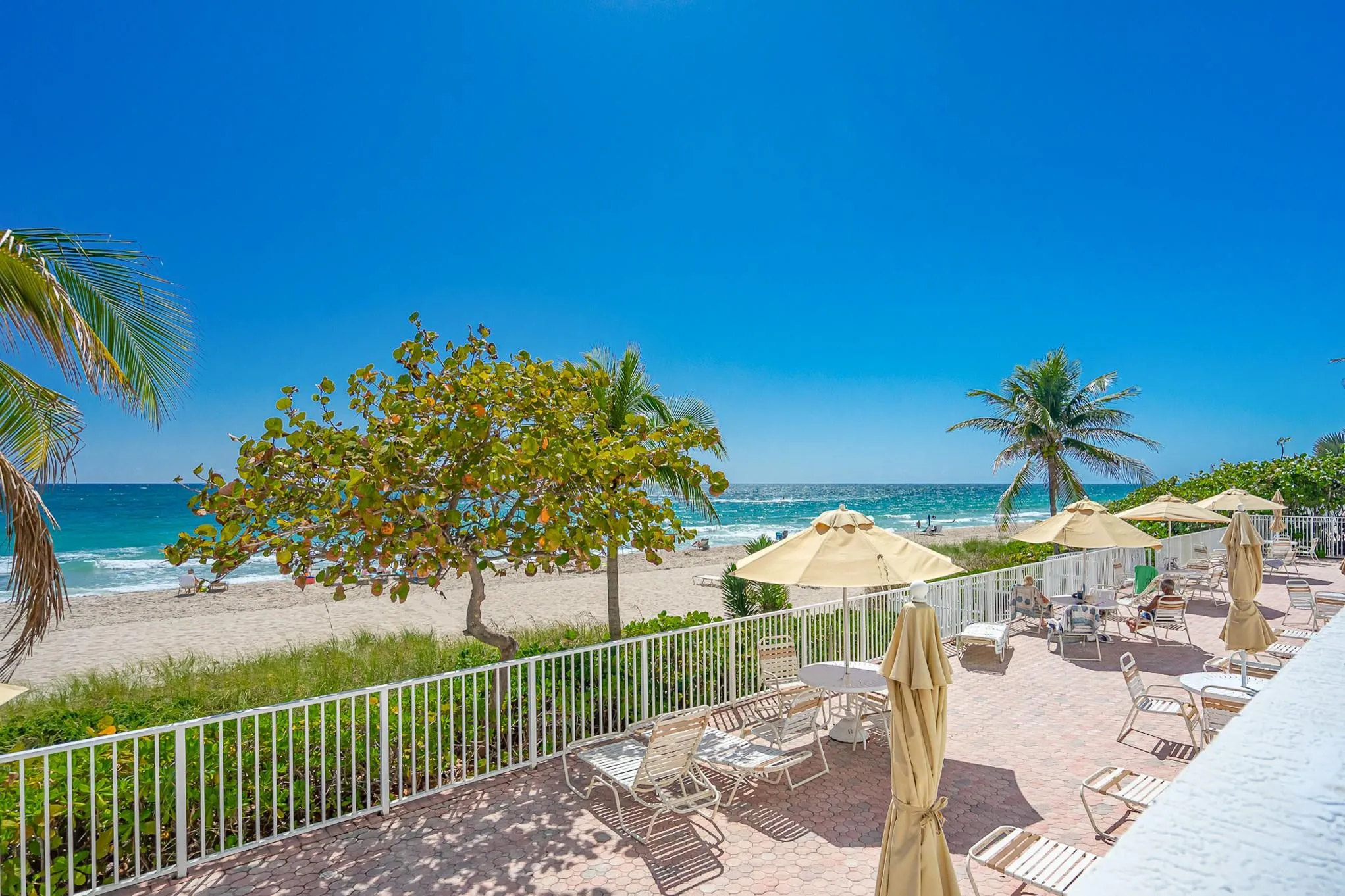 Expansive outdoor patio featuring a patterned paver surface, white perimeter fencing, and mature tropical foliage