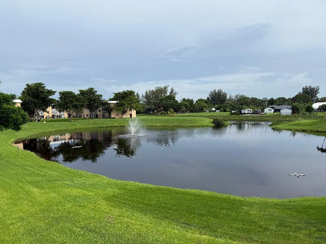 Lagoon in back with lighted fountain