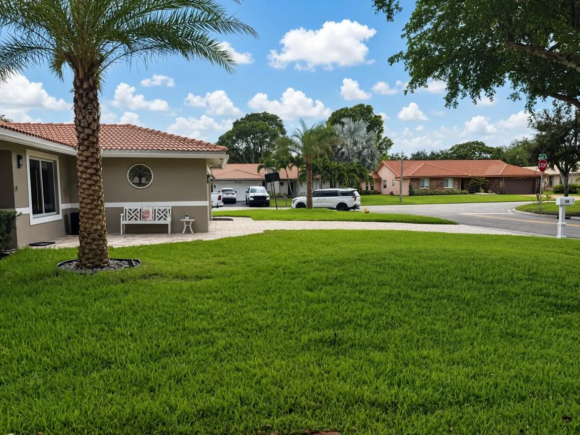 Paved walkway leading to the front entry, featuring a large palm tree, and a stucco exterior with a tile roof