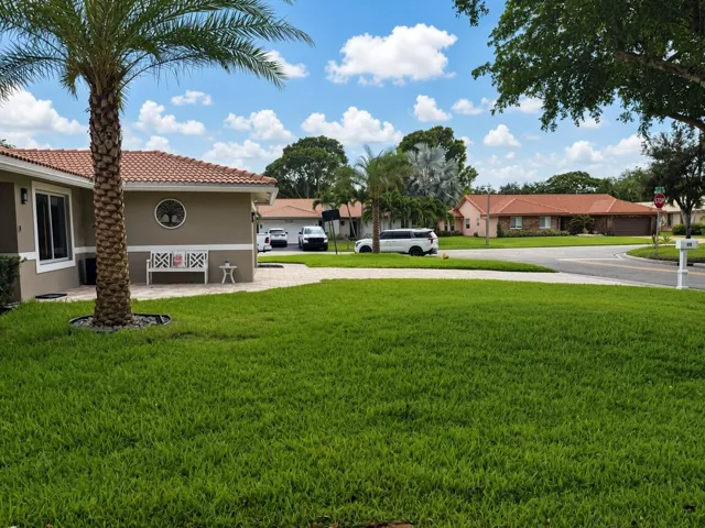Paved walkway leading to the front entry, featuring a large palm tree, and a stucco exterior with a tile roof