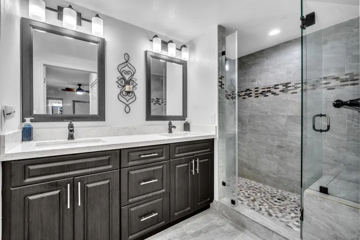 ABSOLUTELY GEORGOUS PRIMARY BATHROOM WITH DUAL SINKS AND HUGE SHOWER!
