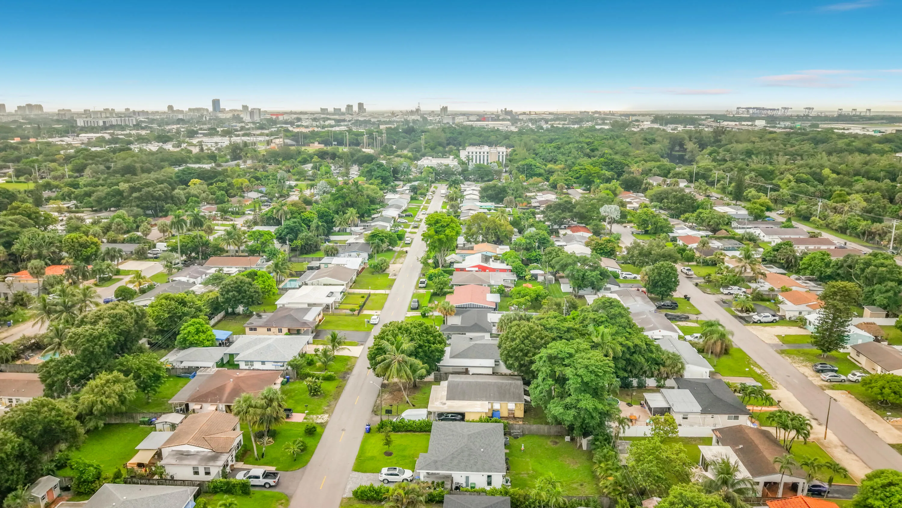 Residential neighborhood setting with mature trees and a distant urban skyline
