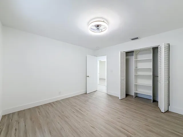 Wood-finish flooring with white baseboards, a built-in closet with shelving, and a ceiling-mounted light fixture